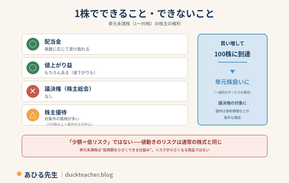 単元未満株1株でできること・できないことの図解。配当金は株数に応じて受け取れる。値上がり益はあるが値下がりもある。議決権はなく株主総会に参加できない。株主優待は対象外の銘柄が多く100株以上プラス条件付きが中心。買い増して100株に到達すると一般的なサービスでは単元株扱いになり議決権の対象になるが、優待は保有期間などの条件も確認が必要。少額だから低リスクではなく、値動きのリスクは通常の株式と同じで、単元未満株は投資額を小さくできる仕組みという注意付き